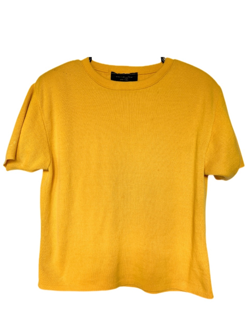 Vintage Mustard Yellow Cotton Short Sleeve Knit Sweater USA Made Womens L